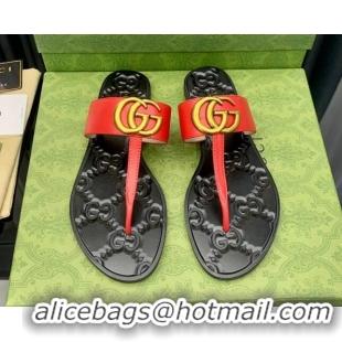 1:1 aaaaa Gucci Leather Flat Thong Sandals with GG Red 091237