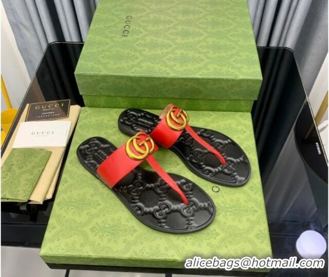 1:1 aaaaa Gucci Leather Flat Thong Sandals with GG Red 091237