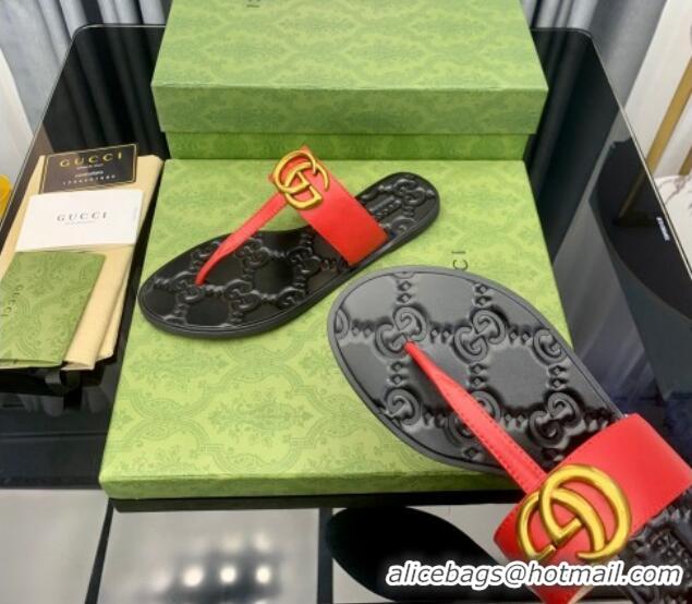 1:1 aaaaa Gucci Leather Flat Thong Sandals with GG Red 091237