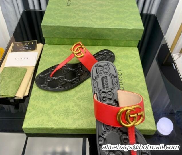 1:1 aaaaa Gucci Leather Flat Thong Sandals with GG Red 091237