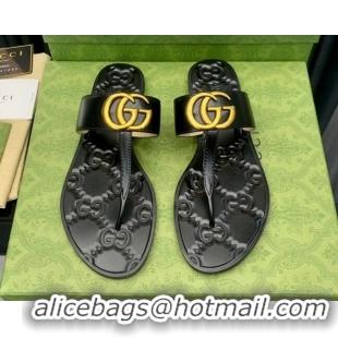 Perfect Gucci Leather Flat Thong Sandals with GG Black 091239