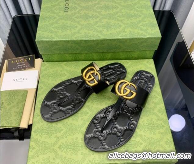 Perfect Gucci Leather Flat Thong Sandals with GG Black 091239