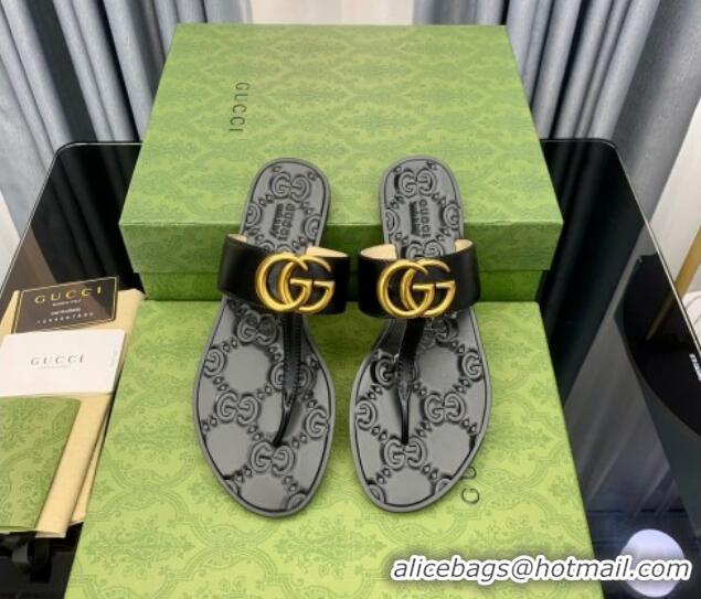 Perfect Gucci Leather Flat Thong Sandals with GG Black 091239