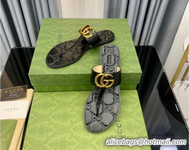 Perfect Gucci Leather Flat Thong Sandals with GG Black 091239