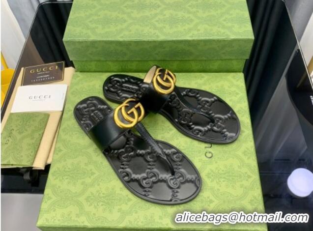 Perfect Gucci Leather Flat Thong Sandals with GG Black 091239