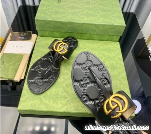 Perfect Gucci Leather Flat Thong Sandals with GG Black 091239