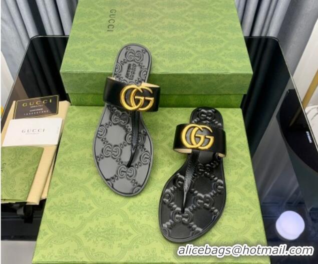 Perfect Gucci Leather Flat Thong Sandals with GG Black 091239