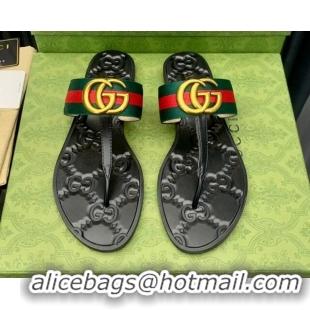 Charming Gucci Leather Flat Thong Sandals with GG Web 091240