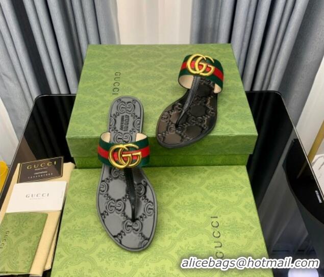 Charming Gucci Leather Flat Thong Sandals with GG Web 091240