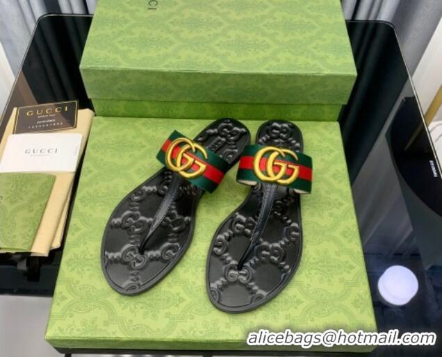 Charming Gucci Leather Flat Thong Sandals with GG Web 091240