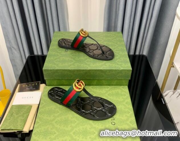 Charming Gucci Leather Flat Thong Sandals with GG Web 091240