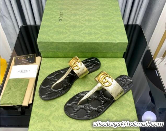 Sophisticated Gucci Leather Flat Thong Sandals with GG Gold 091242