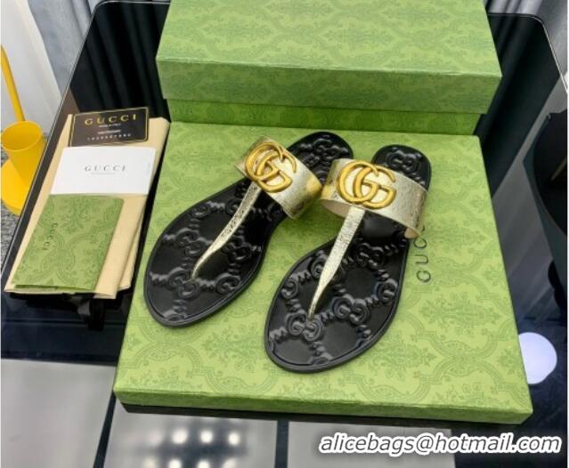 Sophisticated Gucci Leather Flat Thong Sandals with GG Gold 091242