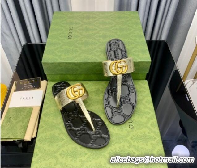 Sophisticated Gucci Leather Flat Thong Sandals with GG Gold 091242