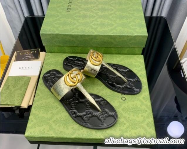 Sophisticated Gucci Leather Flat Thong Sandals with GG Gold 091242