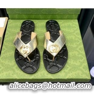 Grade Gucci Leather Flat Thong Sandals with Interlocking G Gold 091243