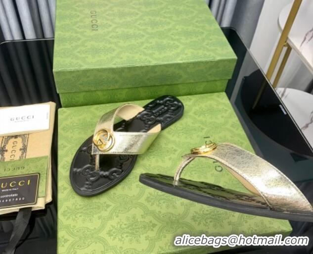 Grade Gucci Leather Flat Thong Sandals with Interlocking G Gold 091243