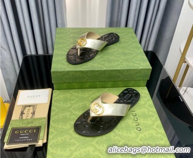 Grade Gucci Leather Flat Thong Sandals with Interlocking G Gold 091243