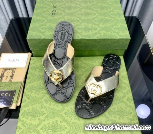 Grade Gucci Leather Flat Thong Sandals with Interlocking G Gold 091243