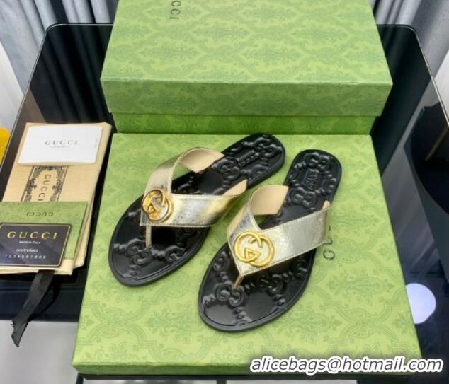 Grade Gucci Leather Flat Thong Sandals with Interlocking G Gold 091243