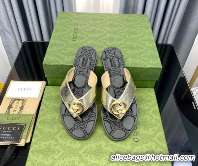 Grade Gucci Leather Flat Thong Sandals with Interlocking G Gold 091243