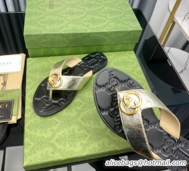 Grade Gucci Leather Flat Thong Sandals with Interlocking G Gold 091243