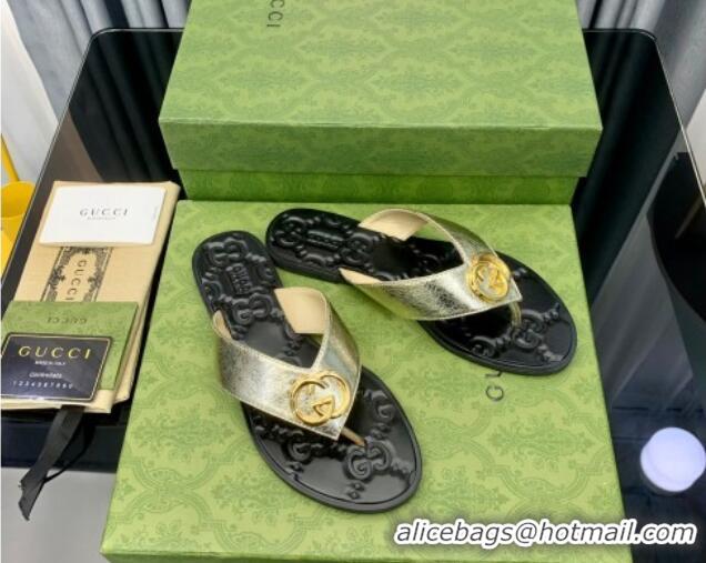 Grade Gucci Leather Flat Thong Sandals with Interlocking G Gold 091243