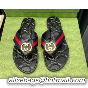 Top Grade Gucci Leather Flat Thong Sandals with Interlocking G Blue Web 091244