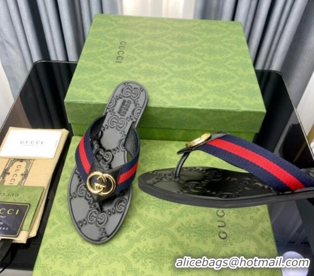 Top Grade Gucci Leather Flat Thong Sandals with Interlocking G Blue Web 091244