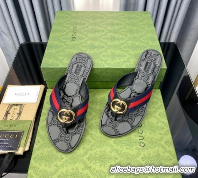 Top Grade Gucci Leather Flat Thong Sandals with Interlocking G Blue Web 091244