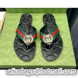 Durable Gucci Leather Flat Thong Sandals with Interlocking G Green Web 091245