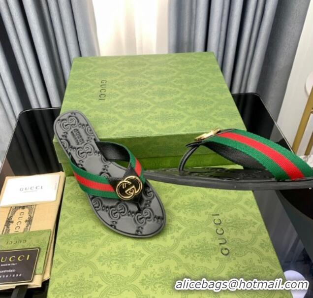 Durable Gucci Leather Flat Thong Sandals with Interlocking G Green Web 091245