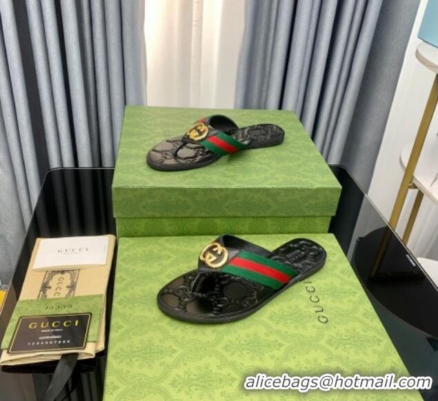 Durable Gucci Leather Flat Thong Sandals with Interlocking G Green Web 091245