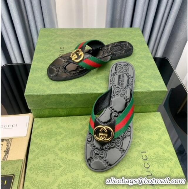 Durable Gucci Leather Flat Thong Sandals with Interlocking G Green Web 091245