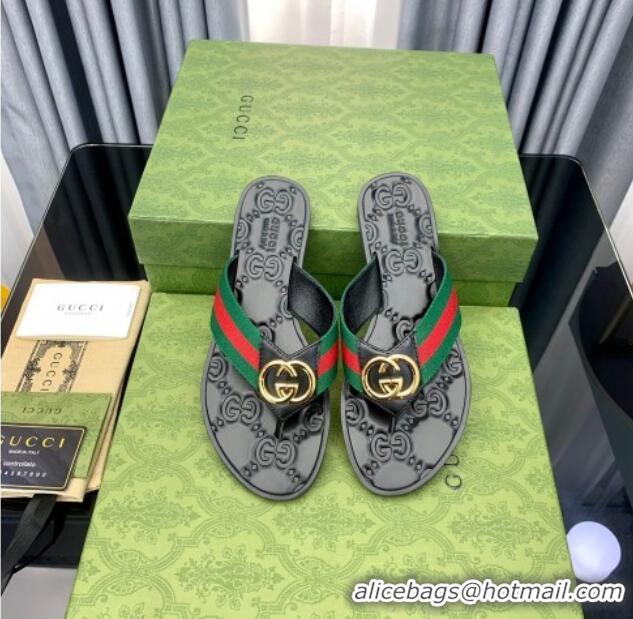 Durable Gucci Leather Flat Thong Sandals with Interlocking G Green Web 091245