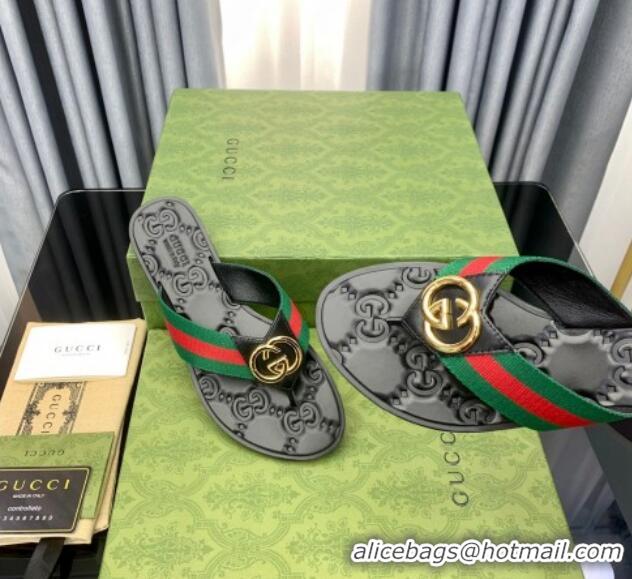 Durable Gucci Leather Flat Thong Sandals with Interlocking G Green Web 091245