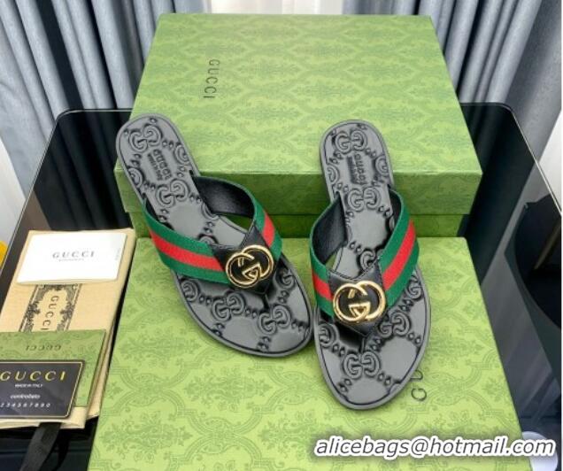 Durable Gucci Leather Flat Thong Sandals with Interlocking G Green Web 091245