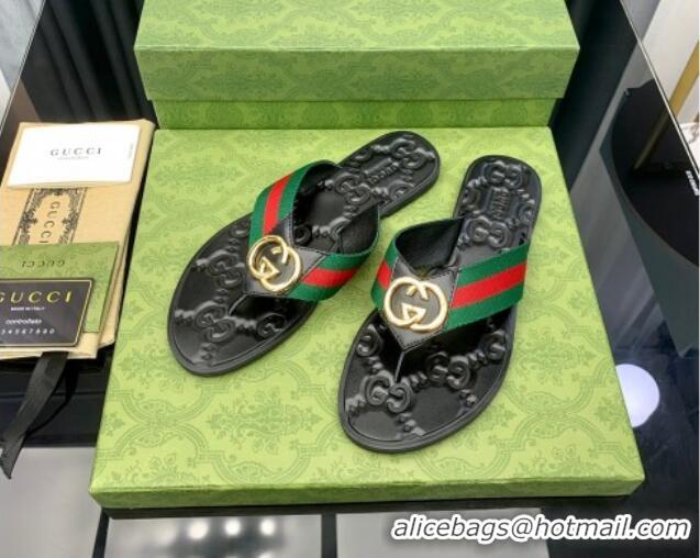 Durable Gucci Leather Flat Thong Sandals with Interlocking G Green Web 091245