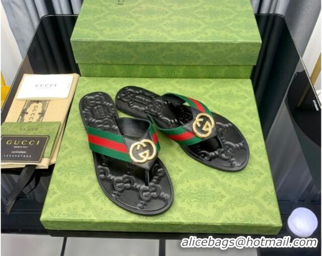 Durable Gucci Leather Flat Thong Sandals with Interlocking G Green Web 091245