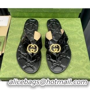 Unique Style Gucci Patent Leather Flat Thong Sandals with Interlocking G Black 091246