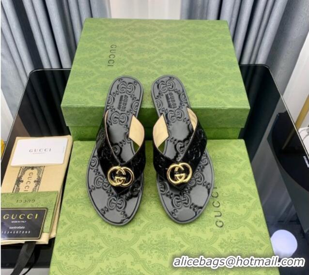 Unique Style Gucci Patent Leather Flat Thong Sandals with Interlocking G Black 091246