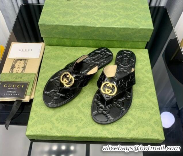 Unique Style Gucci Patent Leather Flat Thong Sandals with Interlocking G Black 091246