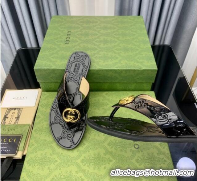 Unique Style Gucci Patent Leather Flat Thong Sandals with Interlocking G Black 091246