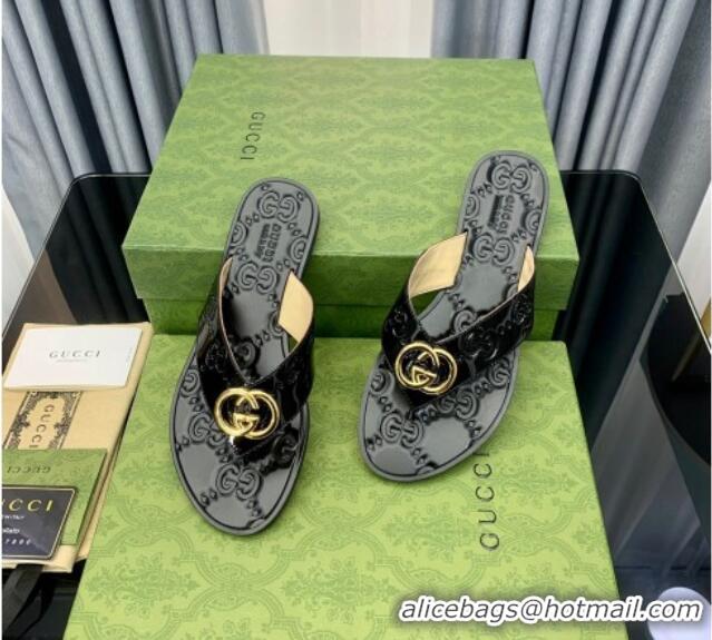 Unique Style Gucci Patent Leather Flat Thong Sandals with Interlocking G Black 091246