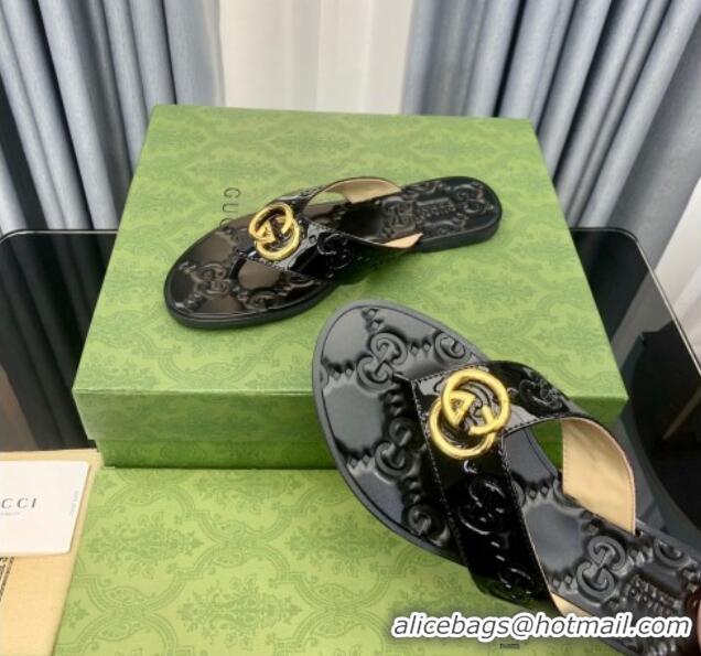 Unique Style Gucci Patent Leather Flat Thong Sandals with Interlocking G Black 091246