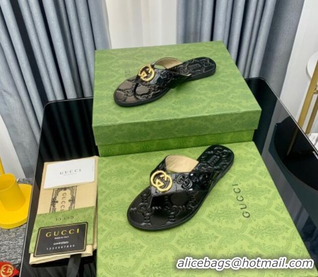 Unique Style Gucci Patent Leather Flat Thong Sandals with Interlocking G Black 091246