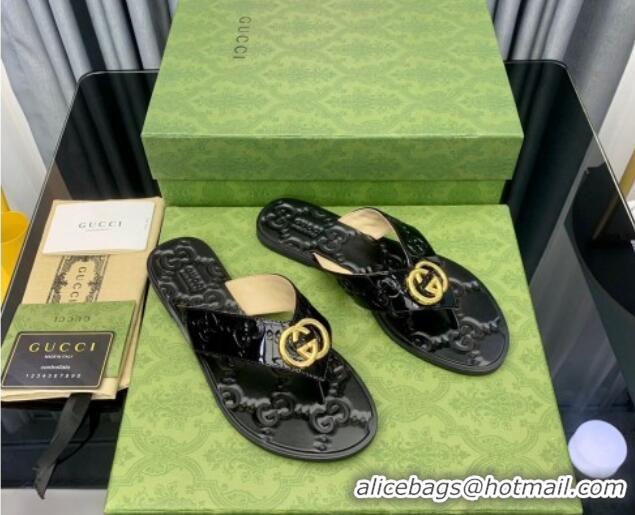 Unique Style Gucci Patent Leather Flat Thong Sandals with Interlocking G Black 091246