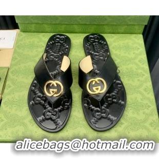 Perfect Gucci Leather Flat Thong Sandals with Interlocking G Black/Gold 091247