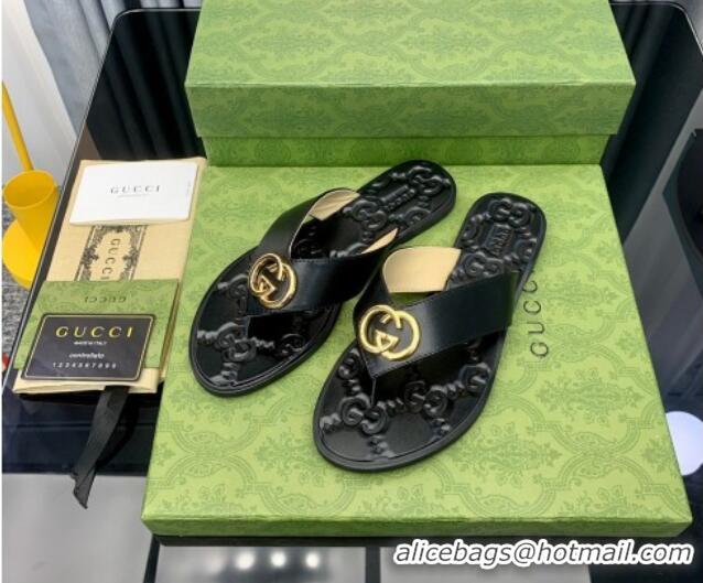 Perfect Gucci Leather Flat Thong Sandals with Interlocking G Black/Gold 091247