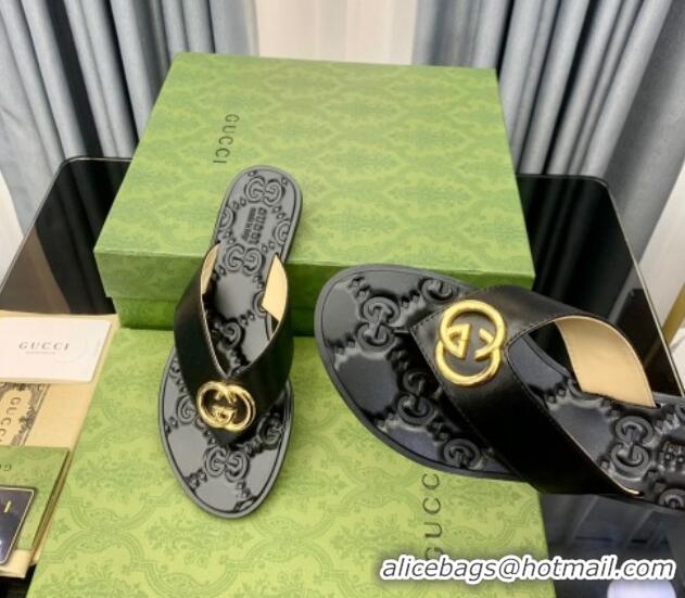 Perfect Gucci Leather Flat Thong Sandals with Interlocking G Black/Gold 091247